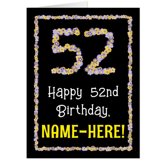 52nd Birthday: Floral Flowers Number “52” + Name Card (Front)