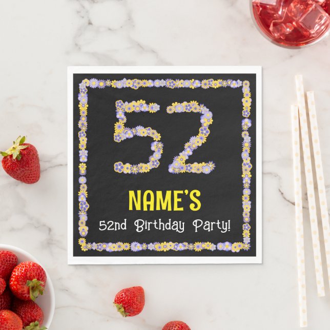 52nd Birthday: Floral Flowers Number, Custom Name Napkins (Insitu)