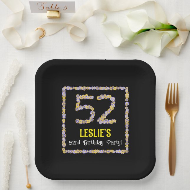 52nd Birthday: Floral Flowers Number, Custom Name Paper Plates (Wedding)