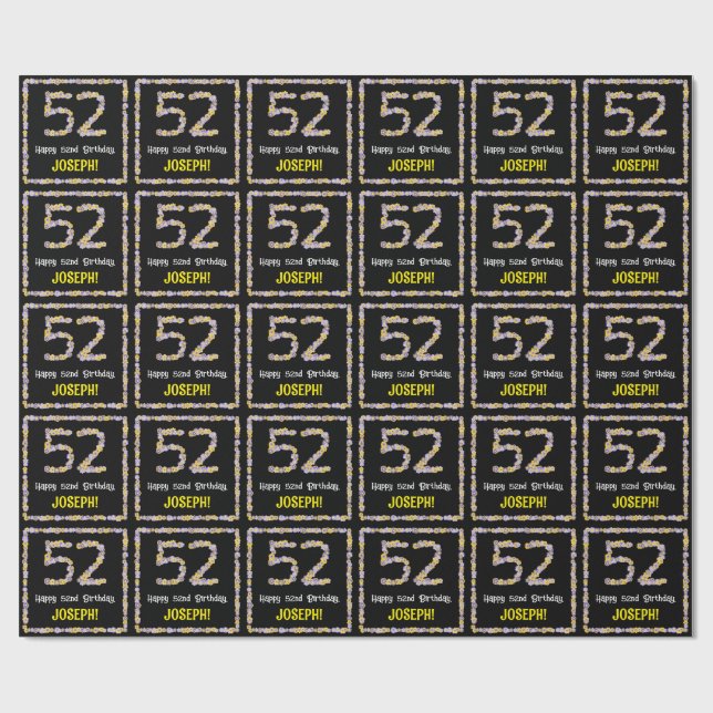 52nd Birthday: Floral Flowers Number, Custom Name Wrapping Paper (Flat)