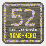 [ Thumbnail: 52nd Birthday: Floral Number, Faux Wood Look, Name Sticker ]