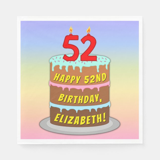 52nd Birthday: Fun Cake and Candles + Custom Name Napkins (Front)