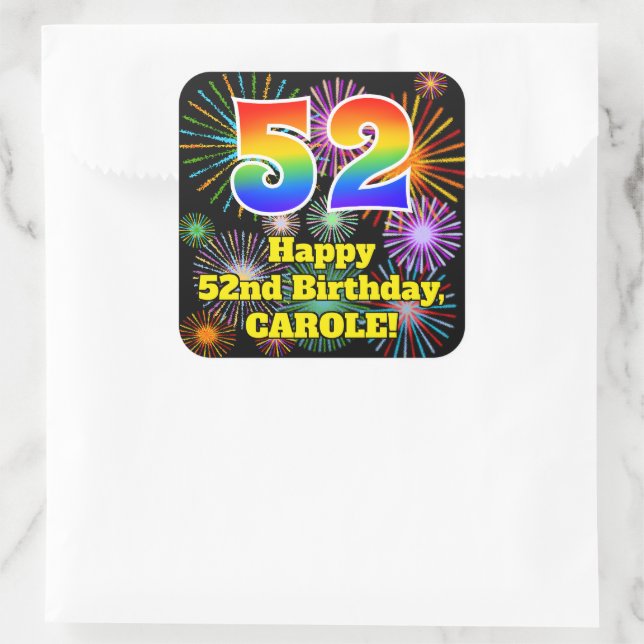52nd Birthday: Fun Fireworks Look, Rainbow # 52 Square Sticker (Bag)