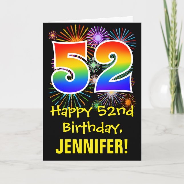 52nd Birthday: Fun Fireworks Pattern + Rainbow 52 Card (Front)