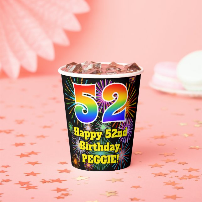 52nd Birthday: Fun Fireworks Pattern + Rainbow 52 Paper Cups (Insitu)