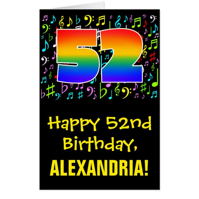52nd Birthday: Fun Music Symbols + Rainbow # 52 Card (Front)