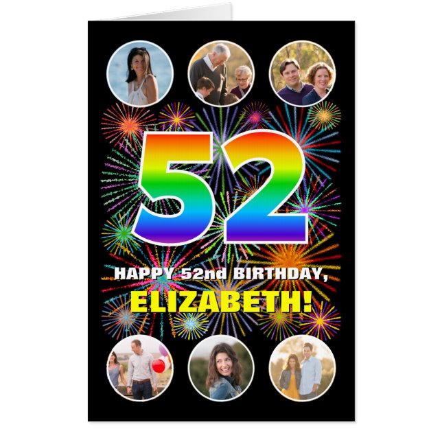 52nd Birthday: Fun Rainbow #, Custom Name + Photos Card (Front)