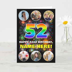 52nd Birthday: Fun Rainbow #, Custom Name & Photos Card