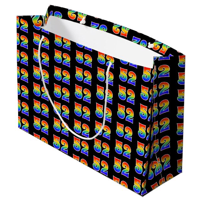 52nd Birthday: Fun Rainbow Event Number 52 Pattern Large Gift Bag (Back Angled)