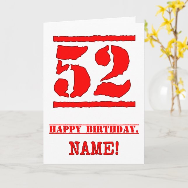 52nd Birthday: Fun, Red Rubber Stamp Inspired Look Card (Yellow Flower)