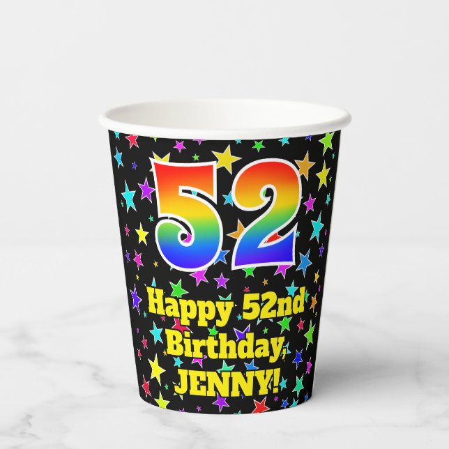52nd Birthday: Fun Stars Pattern and Rainbow 52 Paper Cups (Back)
