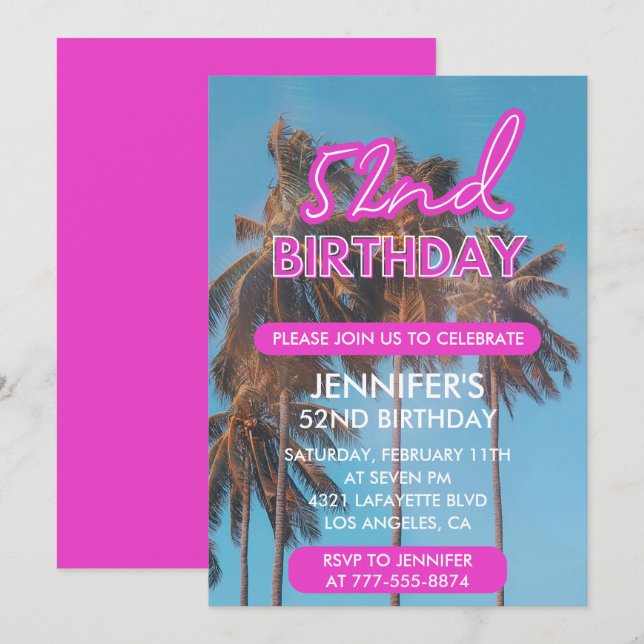 52nd birthday invitation Summer Pink Palm tree (Front/Back)
