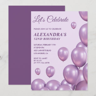 52nd birthday invitations Balloons Chic Purple