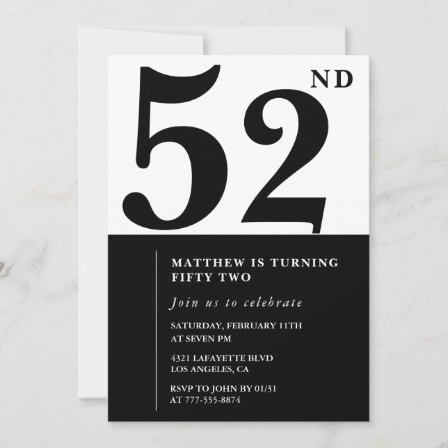 52nd birthday invitations Black and White Elegant (Front)