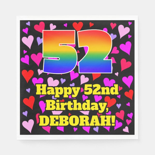 52nd Birthday: Loving Hearts Pattern, Rainbow # 52 Napkins (Front)