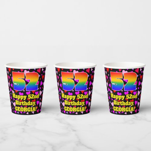 52nd Birthday Loving Hearts Pattern Rainbow 52 Paper Cups