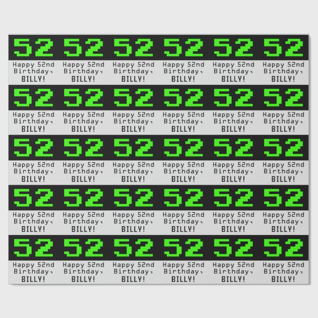 52nd Birthday - Nerdy / Geeky Style "52" and Name Wrapping Paper (Flat)