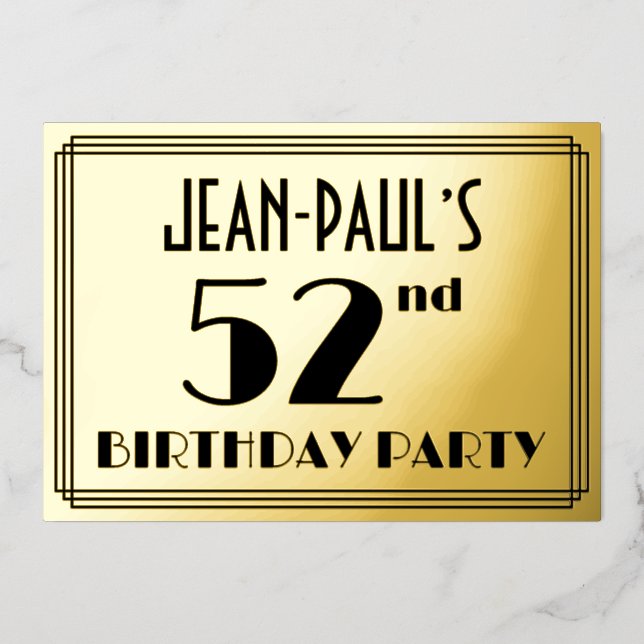 52nd Birthday Party — Art Deco Look “52” + Name Foil Invitation (Front)