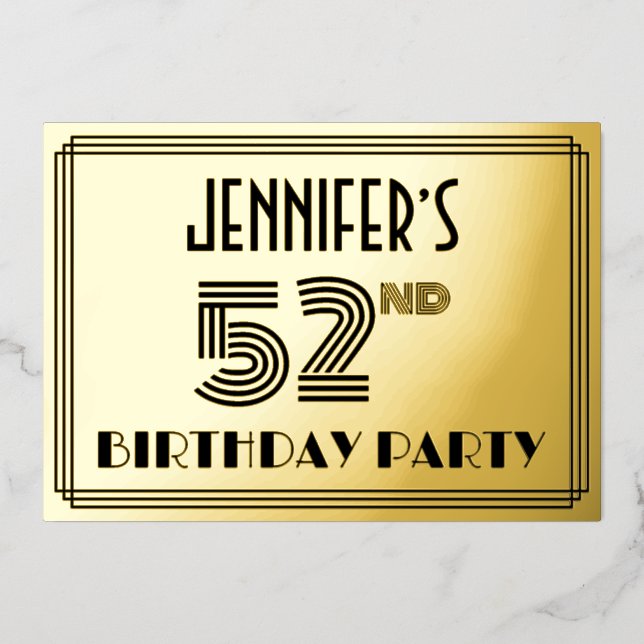 52nd Birthday Party — Art Deco Style “52” & Name Foil Invitation (Front)