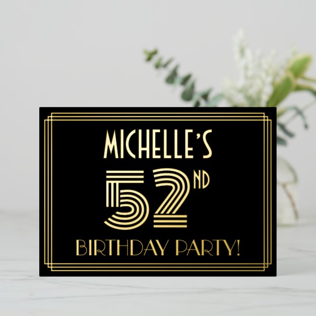 52nd Birthday Party — Art Deco Style “52” + Name Foil Invitation (Standing Front)