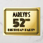 [ Thumbnail: 52nd Birthday Party ~ Art Deco Style “52” + Name Postcard ]