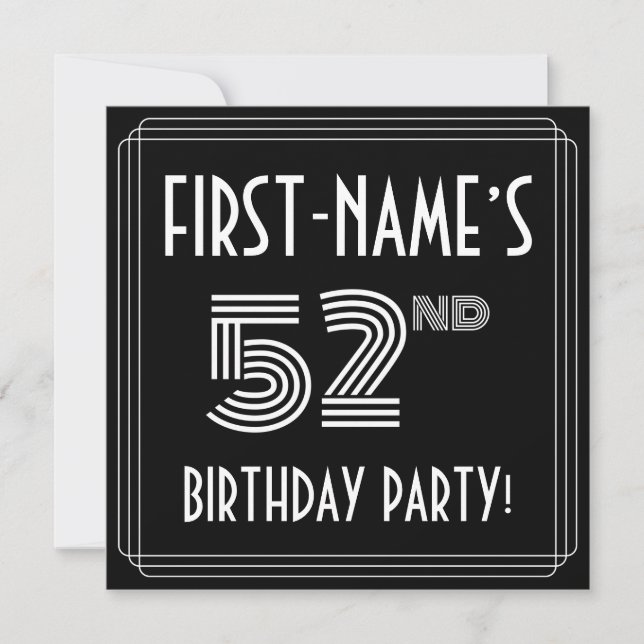 52nd Birthday Party: Art Deco Style w/ Custom Name Invitation (Front)