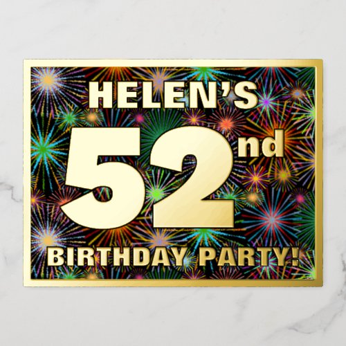 52nd Birthday Party Bold Colorful Fireworks Look Foil Invitation Postcard