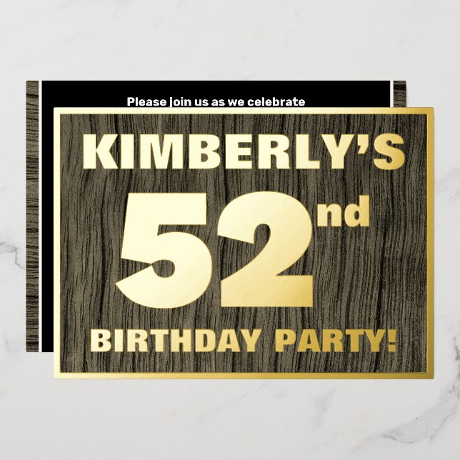 52nd Birthday Party: Bold, Faux Wood Grain Pattern Foil Invitation (Front/Back)