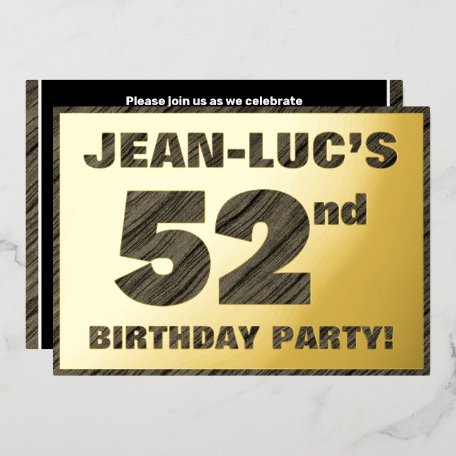 52nd Birthday Party — Bold, Faux Wood Grain Text Foil Invitation (Front/Back)