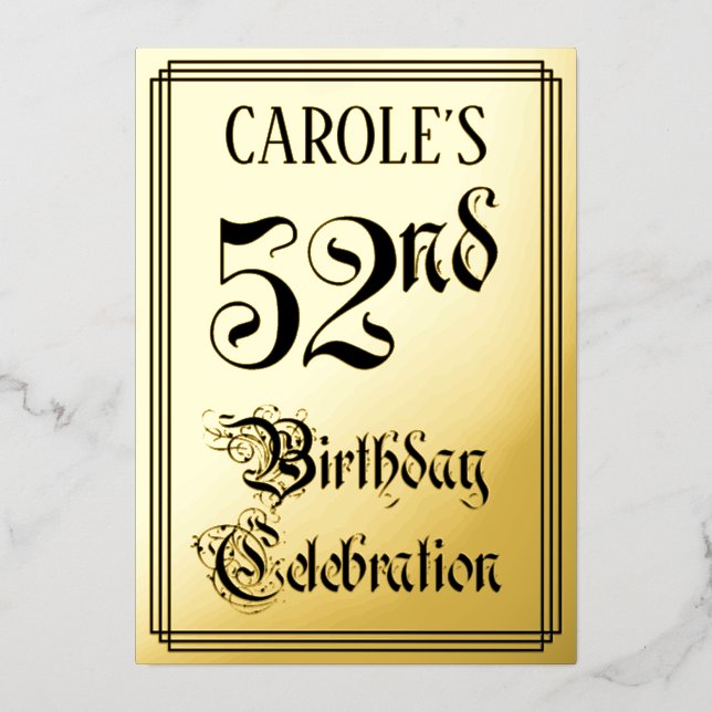 52nd Birthday Party — Elegant Script + Custom Name Foil Invitation (Front)