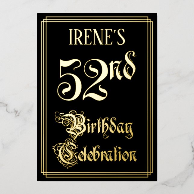 52nd Birthday Party — Fancy Script & Custom Name Foil Invitation (Front)