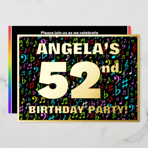 52nd Birthday Party  Fun Colorful Music Symbols Foil Invitation