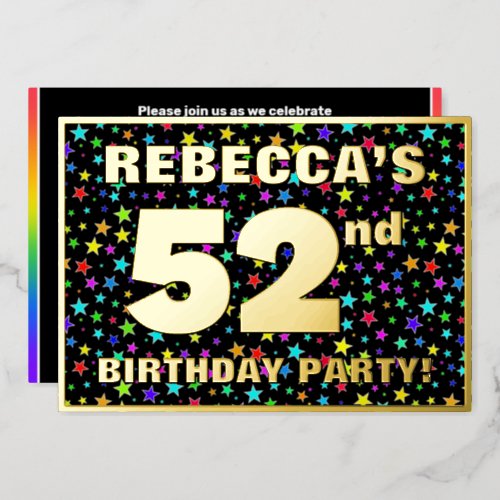52nd Birthday Party  Fun Colorful Stars Pattern Foil Invitation