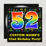 [ Thumbnail: 52nd Birthday Party: Fun Music Symbols, Rainbow 52 Invitation ]
