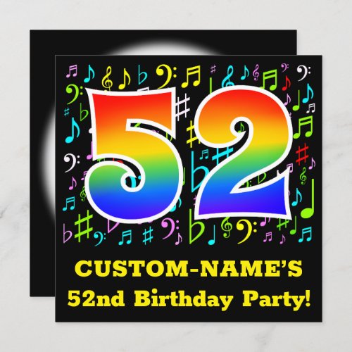 52nd Birthday Party Fun Music Symbols Rainbow 52 Invitation