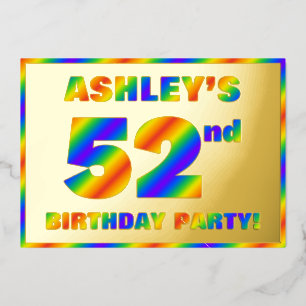 52nd Birthday Party — Fun, Rainbow Spectrum “52” Foil Invitation
