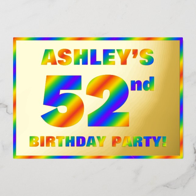 52nd Birthday Party — Fun, Rainbow Spectrum “52” Foil Invitation (Front)