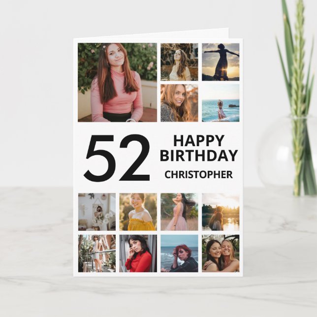 52nd Birthday Photo Collage 13 Photos Black White Card (Front)