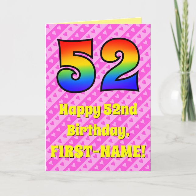 52nd Birthday: Pink Stripes & Hearts, Rainbow # 52 Card (Front)
