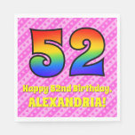 [ Thumbnail: 52nd Birthday: Pink Stripes & Hearts, Rainbow # 52 Napkins ]