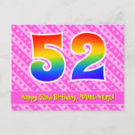 [ Thumbnail: 52nd Birthday: Pink Stripes & Hearts, Rainbow 52 Postcard ]