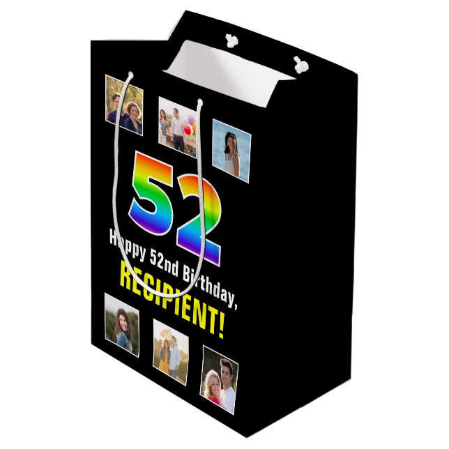 52nd Birthday: Rainbow “52“, Custom Photos & Name Medium Gift Bag (Back Angled)