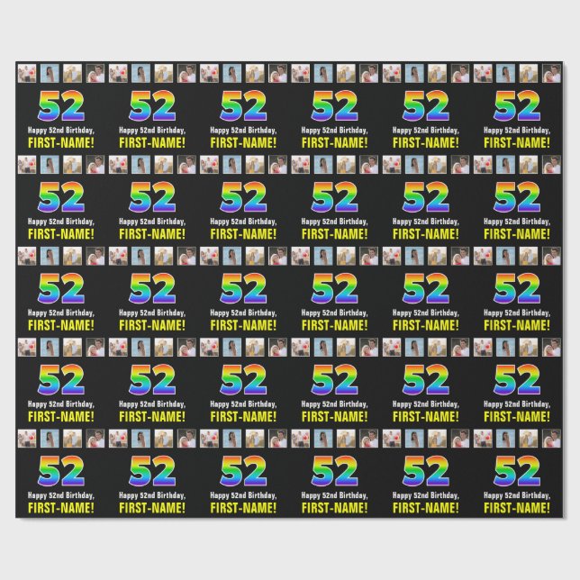 52nd Birthday: Rainbow “52“; Custom Photos & Name Wrapping Paper (Flat)
