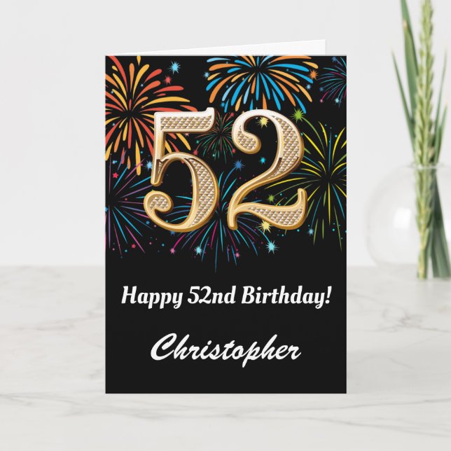 52nd Birthday Rainbow Fireworks Black and Gold Card (Front)