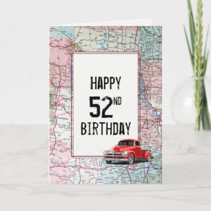 52nd Birthday Red Retro Truck on Map  Card