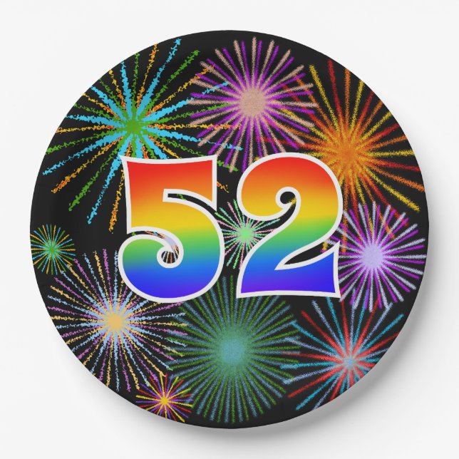 52nd Event - Fun, Colorful, Bold, Rainbow 52 Paper Plates (Front)