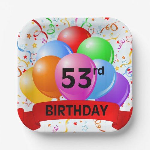 53rd Birthday Balloons Banner Paper Plates