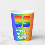[ Thumbnail: 53rd Birthday: Colorful, Fun Rainbow Pattern # 53 Paper Cups ]