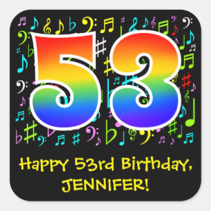 53rd Birthday: Colorful Music Symbols, Rainbow 53 Square Sticker