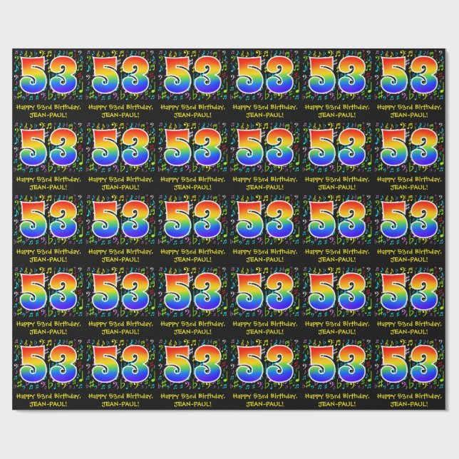 53rd Birthday: Colorful Music Symbols, Rainbow 53 Wrapping Paper (Flat)